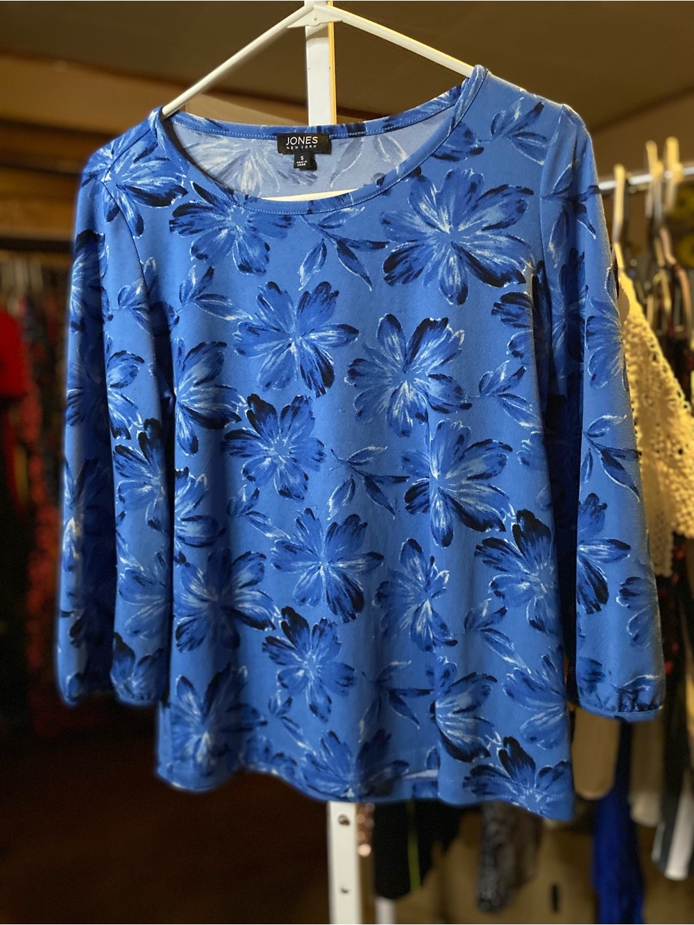 Jones New York Royal Blue Floral Long Sleeve Top